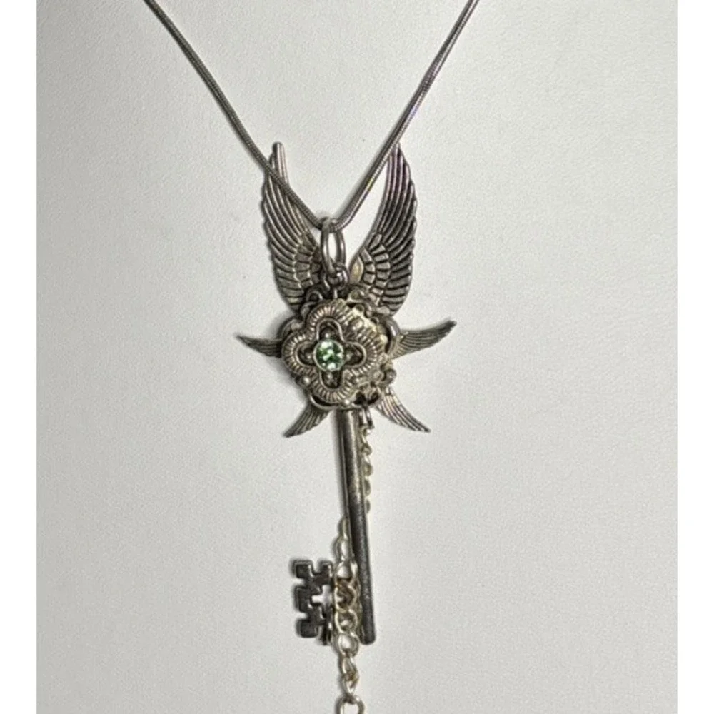 18KGP Winged Skeleton Key Pendant Necklace Green Rhinestone Gothic Steampunk